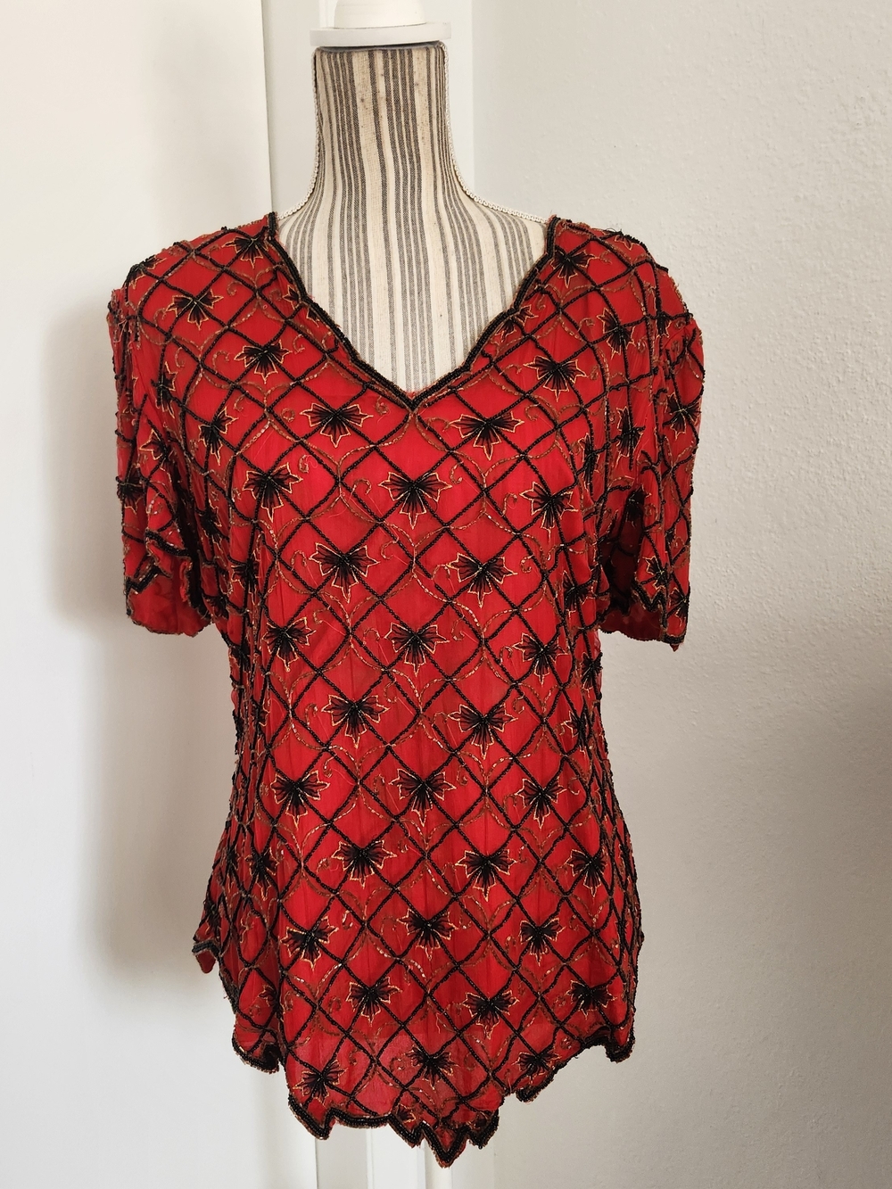 Vintage Stenay Beaded Silk Blouse Red Black Floral Lattice Evening Top Size L
